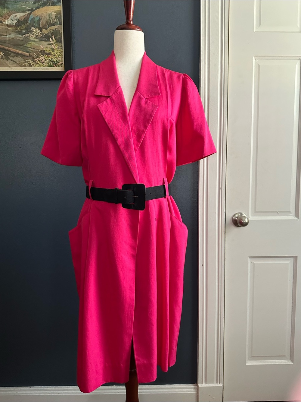 Vintage 80s Flora Kung Belted Short Sleeve Silk/Cotton Dress